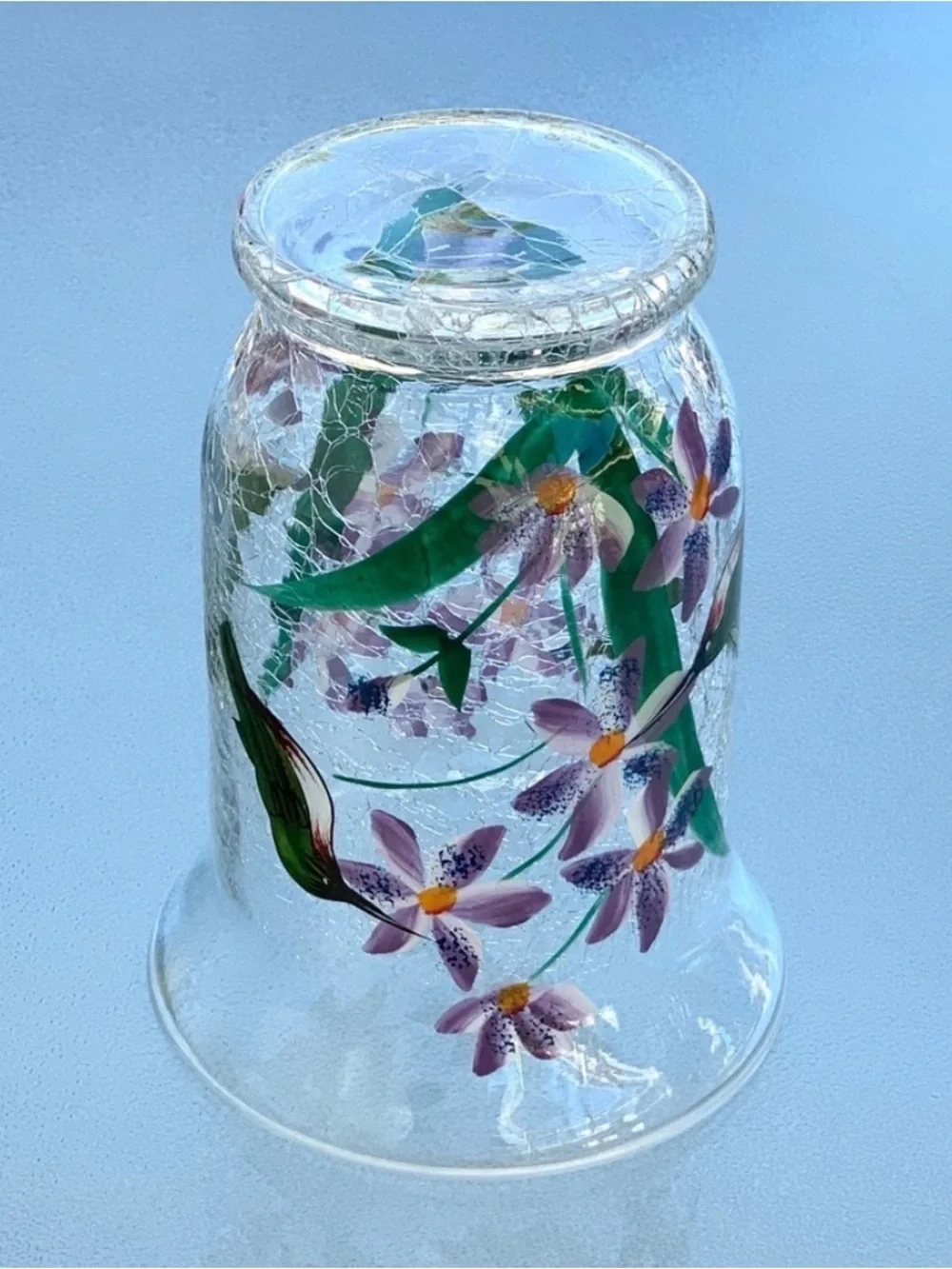 Fifth Avenue Crystal Hummingbird Crackle Glass 6” Hurricane Candle Holder